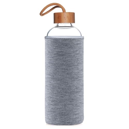 MAX-EMA Glass Water Bottle 1 Liter With Bamboo Lid And Neoprene Sleeve Reusable Glass Bottle For Hot And Cold Drinks, Juice, Tea, Milk, Smoothies And For Home, Gym And Travel (Grey)