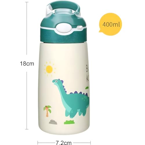Bolivia's Stainless Steel Water Bottle for Kids, 400ml Leakproof Bpa-Free Children's Drinking Bottle, 316 Stainless Steel Dinosaur Straws Water Bottle for School Outdoor Sports Travel