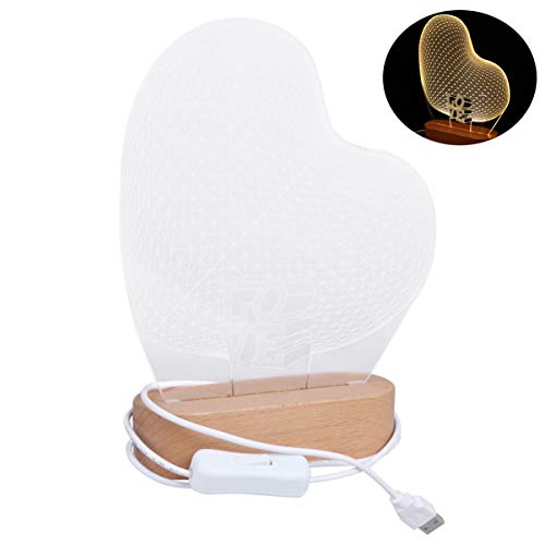 Sulfar 3D Night Light Romantic Heart Shape Illusion Lamp USB Powered Visual Lights, Wooden Base, Gifts for Her Girlfriends Valentines Day Wedding Anniversary