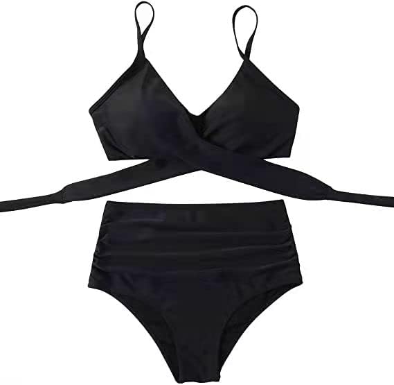 Women High Waisted Wrap Bikini Set Back Tie 2 Piece Swimsuits Low Neck Push Up Bathing Suits Solid Swimwear Print Criss cross Swimming suit Beachwear