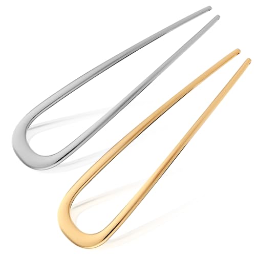 PEUTIER 2pcs Metal French Hair Pins for Thick Hair, U-Shaped Stick Hair Pins Metal French Twist Hair Pin Fork for Women Girls Hair Types Styling Hair Accessories (1 Gold & 1 Silver)