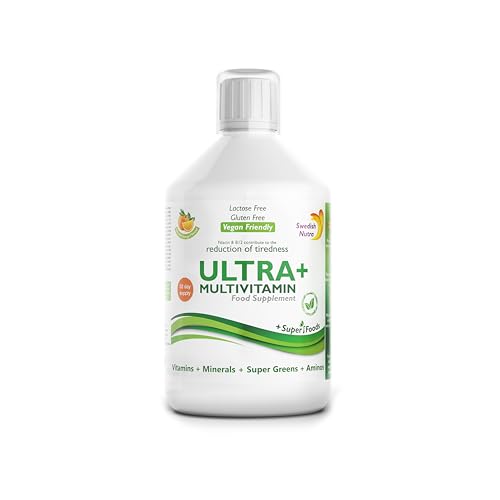 Swedish Nutra - Ultra+ Multivitamin Liquid Food Supplement - Pack of 500 ml, 33 Day Supply | Packed with Vitamins, Minerals, Super Greens & Aminos to Boost Energy & Immunity I Natural Orange Flavour