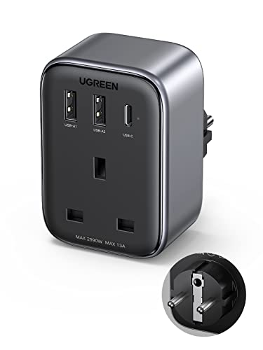 UGREEN 4-in-1 Travel Charger Adapter 30W Accepts Devices with UAE/KSA/UK Plugs for Use in Type C Sockets in European Plug Travel Converter Charger with 3 USB Ports, Type G 3 Pin to Euro C Plug
