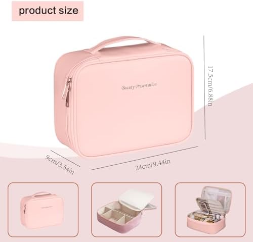 Large Makeup Bag, Portable Travel Makeup Bag for Women Girls, Makeup Organizer Cosmetic Bag with Makeup Brush Compartment, Waterproof Leather Makeup Travel Case With Handle and Divider - Black (Pink)