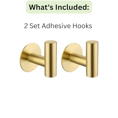 2-Pack Gold Self Adhesive Towel Hook– Self Adhesive Hooks and Towel Holders. Easy Wall Mount Golden Hooks for Coats, Keys, and Robes. Ideal Door Hanger and Towel Hook for Bathroom, Kitchen, Bedroom