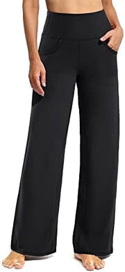 Women Yoga Pants Activewear Leggings Trousers with Pockets Stretch Loose Casual Wide Lounge Sweatpants Petite/Regular/Tall - black / black