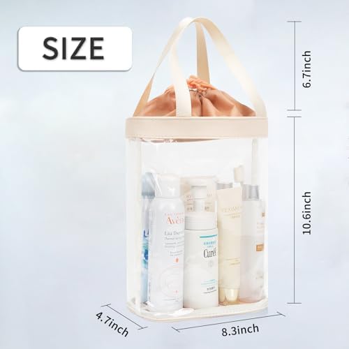 onemoky Travel Toiletry Bag, Clear Makeup Bag for Women, TSA Approved Toiletry Bag, Waterproof Clear Bag Cosmetic Pouch, Transparent Makeup Organizer, Carry on Airport Airline Compliant, Beige