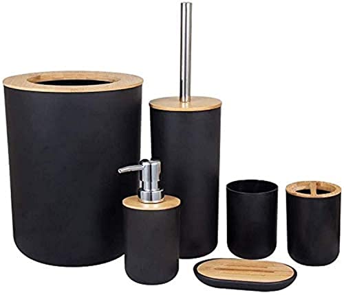 Bamboo Wooden Bathroom Accessories Set, 6 Pcs Set Toilet Brush, Soap Dispenser, Waste Bin, Toothbrush Holder, Soap Dish Cup Set Can Be Used Repeatedly