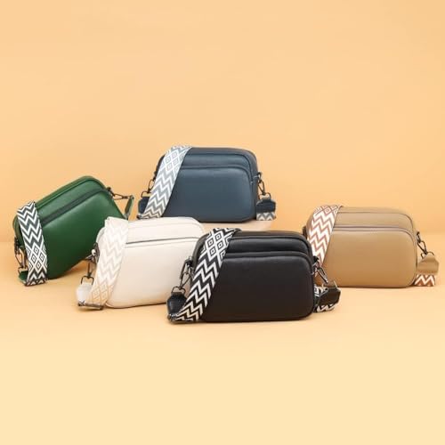 Crossbody Bag for Women, Small Leather Camera Purse Thick Strap Cross-body Bags, Triple Zip Shoulder Bag with Guitar Strap