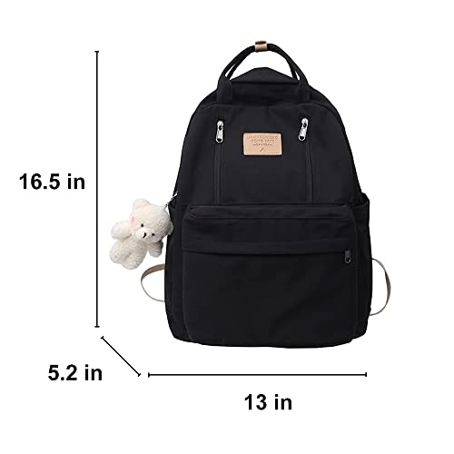AONUOWE Preppy Backpack with Plushies Cute Backpack for Teen Girls Light Academia Bookbags Solid Aesthetic School Bag