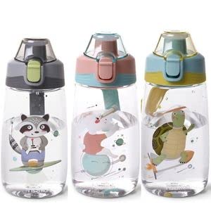 Water Bottle 500mL for Kids by Fissman, BFA Free | Non-Toxic | Leak-Proof | Pop-Up Spout Cover | Flip Top Lid | Raccoon Printed, Black.