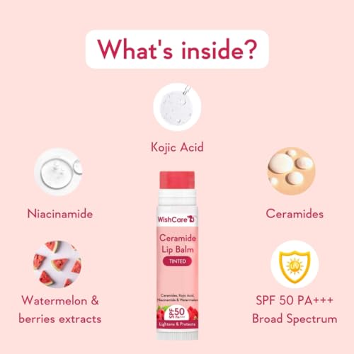 WishCare Tinted Ceramide Lip Balm with SPF50 PA+++ - Kojic Acid & Niacinamide - For Lip Lightening & Protection 5gm
