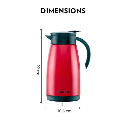 BOROSIL VACUUM INSULATED STAINLESS STEEL TEAPOT | TEA POT | THERMAL FLASK | THERMOS | CARAFE | JUG | COFFEE POT | FOR WATER, COFFEE, TEA | RED 1 LITER