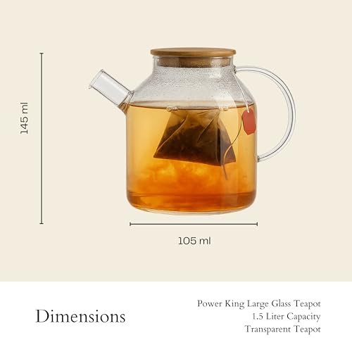 Power King Large 1.5 Liters Transparent Glass Teapot Stovetop & Microwave Safe Kettles for Brewing Hot or Cold Tea