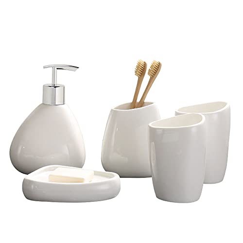 TOMVAES 5 Pieces Ceramic Bathroom Accessory Set, Bathroom Vanity Countertop Accessory Set, Include Soap Dispenser, Toothbrush Holder, 2 Tumbler, Soap Dish