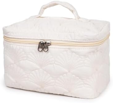 Quilted Cotton Makeup Pouch, Coquette Quilted Toiletry Bag for Women and Girls, Floral Coquette Organizer Bag, Aesthetic Travel Cosmetic Bags (White Shells Drawstring)