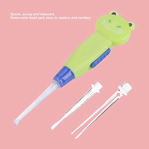 Nurnesy Electronic Ear Picker,Cute Cartoon LED Flashlight Earpick Earwax Remover with Scoop Tweezers Cleaner Care Tool (Green Frog Style)