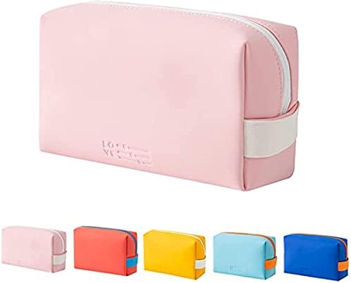 Small Makeup Bag, PU Striped Leather Cosmetic Bag, Portable Travel Makeup Pouch,Waterproof Cosmetic Pouch with Handle,Cute Makeup Bags for Women and Girls (Blue)