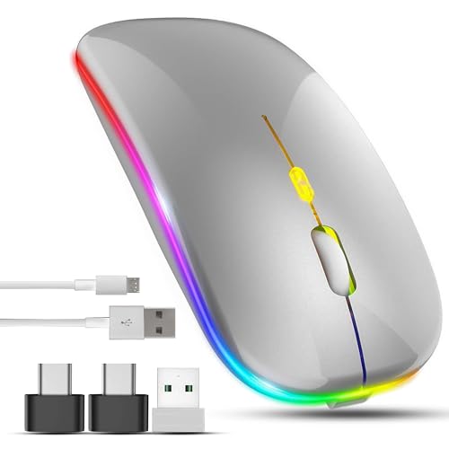 GraGra Wireless Rechargeable Bluetooth Mouse for Laptop, 2.4 GHz With 2 USB A to C Adapters, 3 Buttons, 800-2400 DPI, Computer Accessories
