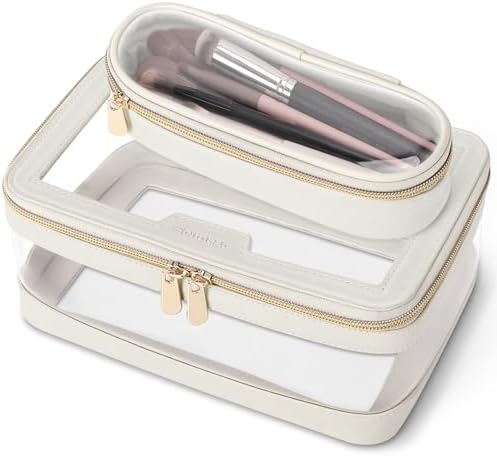 Soimeat Travel Clear Makeup Bag with Makeup Brush Bag, Leather Makeup Case Toiletry Bag, Portable Cosmetic Bag Case, Transparent Waterproof Cosmetic Organizer Storage Bag for Women, Black