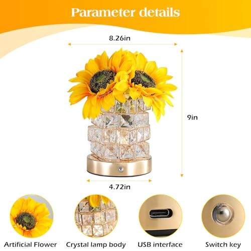 Sunflowers Flower Lamp Touch Lamp, 3-Colour LED Artificial Flowers Small Table Lamp Night Light with Crystal Clear Glass Vase, Rechargeable Cordless Table Lamp,Gift for Valentine Day,Mothers Day