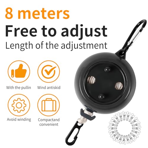 Portable Travel Clothesline Cord, Adjustable 33ft Camping Clothes line, Laundry Drying Rope for Hotel Trip,Camping,Backyard,Outdoor/Indoor, Black