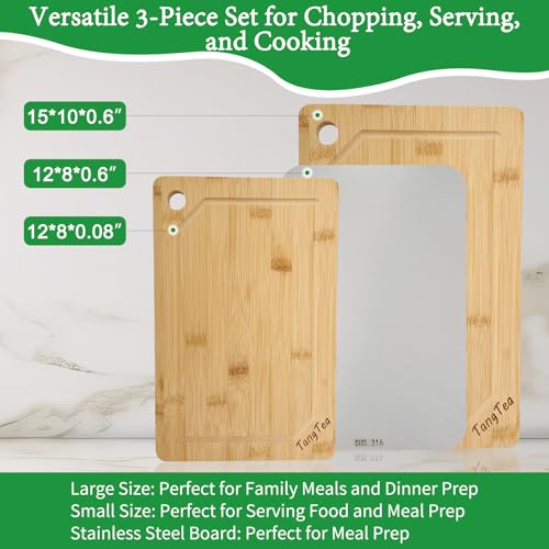 3-in-1 Bamboo Wood & Stainless Steel Cutting Board Set – Multipurpose Cutting Boards with Juice Groove for Kitchen Prep, Serving, and Chopping – Duable, Knife Friendly, Stylish Kitchen Accessories
