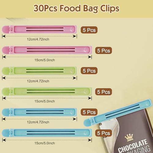 Ysimple 30 Pcs Food Bag Clips for Food Storage, 2 Sizes & 3 Colours Reusable Bag Sealing Clips, Freezer Bag Clips Fridge Sealing Storage Clips for Keeping Food Fresh, Sealing Packets(12CM, 15CM)