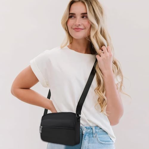 Crossbody Bag For Women With Multiple Pockets, Girls Shoulder Bag, Nylon Crossbody Bags, Phone Bag Waterproof With Adjustable Strap For Travel Shopping Outing Work Strolling (Black)