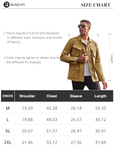 Runcati Mens Lightweight Safari Jacket Button Up Cotton Outdoor Military Cargo Long Sleeve Outwear
