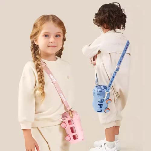 Twisoo Bus Design Water Bottle for Kid with Straw and Sticker Sport Plastic Portable Drinking Bottle for Kids Girls School Camping Trips Supplies with Shoulder Strap (Blue)