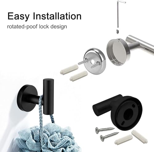 Sagreeny 7 PCS Bathroom Hardware Set, Matte Black Stainless Steel Bathroom Tower Rack Set Wall Mounted Includes 16" Towel Bar, Toilet Towel Paper Holder, Towel Ring, 4 Robe Towel Hooks
