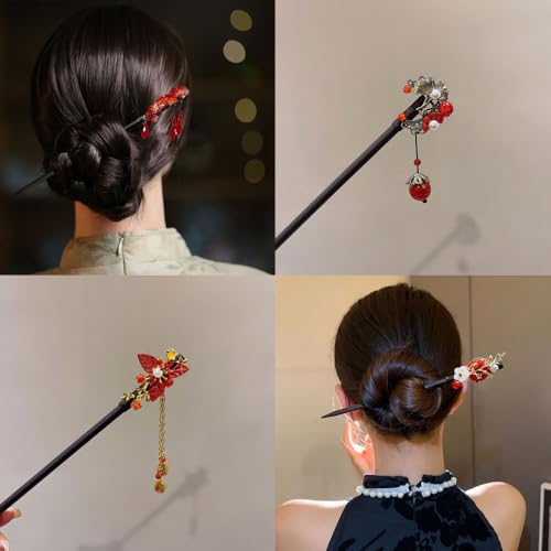 EWEIS 4PCS Set of Vintage Hairpins, Chinese Handmade Wooden Hairpins Japanese Red Hairpins Classic Geisha Hair Accessories with Tassels, for Costume Weddings for Women Girls??ength 18cm/7inch