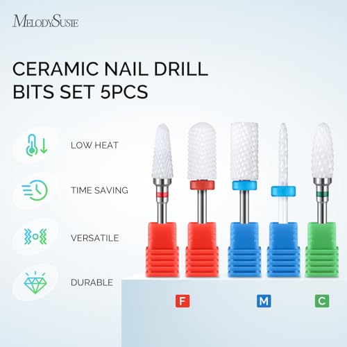 MelodySusie Professional Ceramic Nail Drill Bits Set - Acrylic Nail File Drill Bit Machine 3/32 Inch for Manicure Pedicure Cuticle Gel Nail Polishing, 5pcs