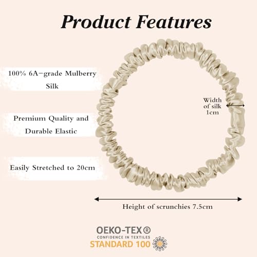 QIYUE 100% Mulberry Silk Scrunchies for Hair,Hair Ties Ropes Ponytail Holder for Women Girls Hair Accessories Decorations??air Elastics Bands (litegold black)