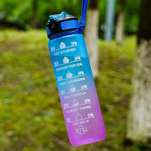 ECVV® 1L Motivational Water Bottle with Time Marker & Encourage Phrase - BPA Free, Leakproof Wide Mouth, Fast Flow Technology, Perfect for Daily Hydration(Blue Purple)
