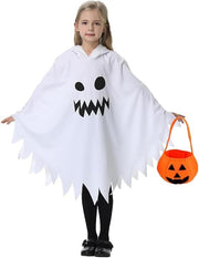 Halloween Ghost Costume, Glow in the Dark Ghost Cloak Halloween Spooky Trick-or-Treating with Pumpkin Bucket for Boys and Girls - White