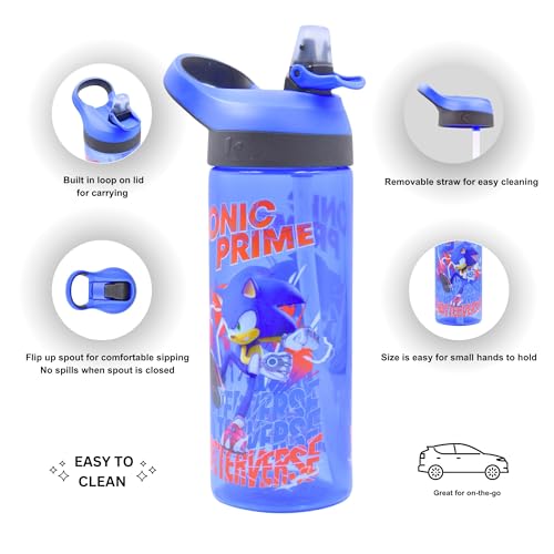 HOX SONIC PRIME Reusable BPA free Kids Atlantic Water Hydration Bottle with built in Carry Loop, Flip Up Spout and removeable straw - 600ml, Blue