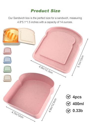 4 Pcs Sandwich Boxes, Lunch Box Containers,Portable Sandwich Containers Food Safe Wheat Straw Material, Toast Shape Storage for Bread/Sandwiches/Food/Fruit, Microwave Dishwasher & Freezer Safe