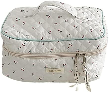 Juoxeepy Cotton Makeup Bag Large Travel Cosmetic Bag Quilted Cosmetic Pouch Coquette Aesthetic Floral Toiletry Bag, A-White, 10x5.9x5.3in