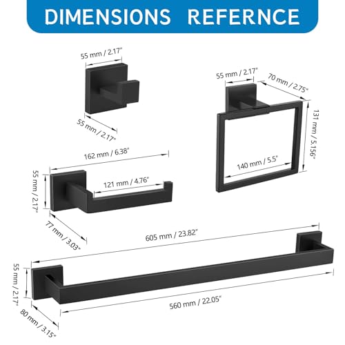 TNOMS 5 Pieces Bathroom Hardware Accessories Set Black Towel Bar Set Wall Mounted,Stainless Steel,23.6-Inch.