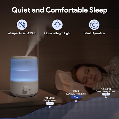 ASAKUKI Humidifiers for Bedroom Home, 3L Top Fill Cool Mist Air Humidifiers for Baby Nursery & Plants, 3-IN-1 Quiet Oil Diffuser & Night Light for Large Room, Auto Shut-off, BPA-Free, 30H