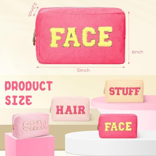 Pinkunn 4 Pcs Preppy Makeup Bags Christmas Chenille Letter Bag Face Skin Hair Stuff Cosmetic Bag Corduroy Makeup Pouch with Zipper Birthday Gifts for Women(Purple, Pink, White, Blue,Corduroy)
