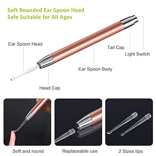 4 Pack Ear Pick with Light, Ear Cleaner Ear Wax Removal Tool Kit for Kids and Adults, Ear Picks Digger & Tweezers & Spiral Spring Ear Spoon Set with Storage Box (Rose Gold)