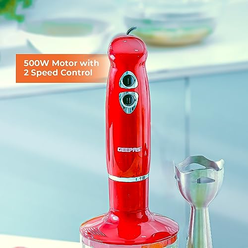 Geepas GHB6136 400W Hand Blender - Stainless Steel Blades with 2 Speed for Baby Food, Soup, Juice | 860ml Chopper Bowl & Electric Egg Whisk - 2 Years Warranty