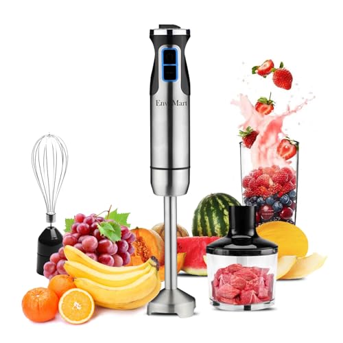 EnvoMart 800W 4-in-1 Hand Blender Set - 2-Speed Stick Mixer with Titanium Plated Stainless Steel Blade, 600ml Mixing Beaker and 860ml Food Chopper, and Whisk Attachment - Kitchen Mixer for Blending