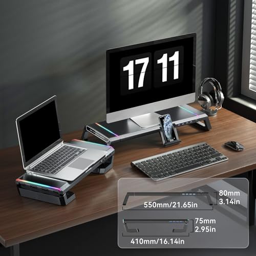 NALACAL RGB Gaming Computer Monitor Stand Riser - 4 USB 3.0 Hub, 3 Length Adjustable, Laptop Desk Shelf with Storage Drawer and Tablet Phone Holder, Desk Organizers for Desktop, Printer (Black)