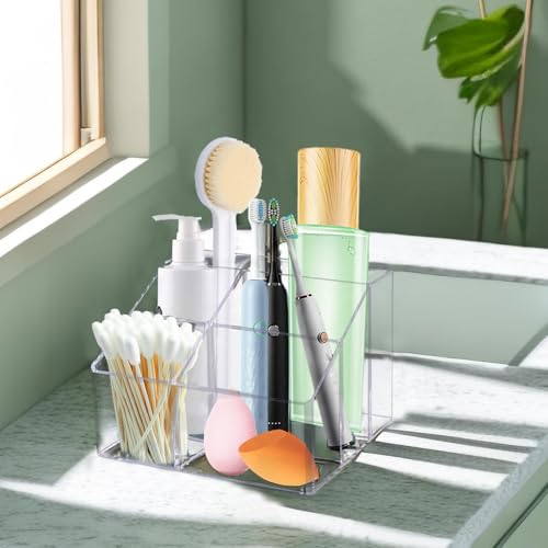 Acrylic Desk Organizer, Clear Pen Holder and Pencil Holder Display Stand, Office Supplies Accessories, 5 Compartments Stationary Pen Organizer for Office School Home Makeup Desktop Organization