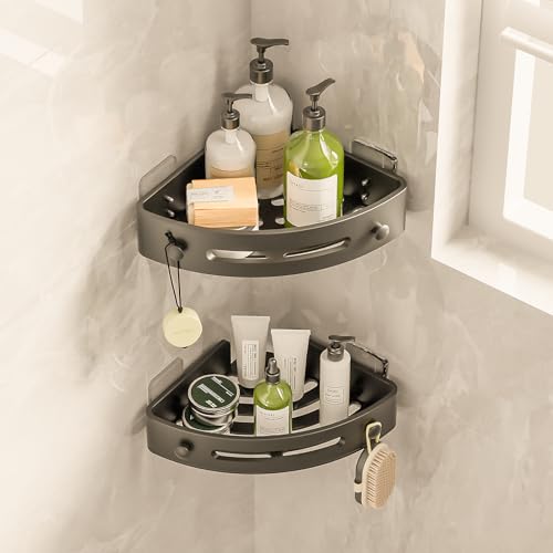 Baytion Bathroom Shelf, 2 Pack Bathroom Organizers and Storage, Thickened ABS Plastic Bathroom Organizer Corner with Super Adhesives, No Drilling, Multifunctional Corner Shower Caddy (Black)
