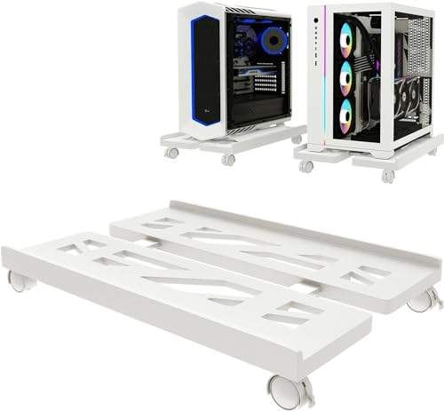 Computer Tower Stand, Adjustable Mobile CPU Stand, Ventilated PC Tower Stand CPU Holder with Rolling Caster Wheels, Steel PC Floor Cart PC Riser Fits Most PC for Gaming Office Desk Accessories (White)